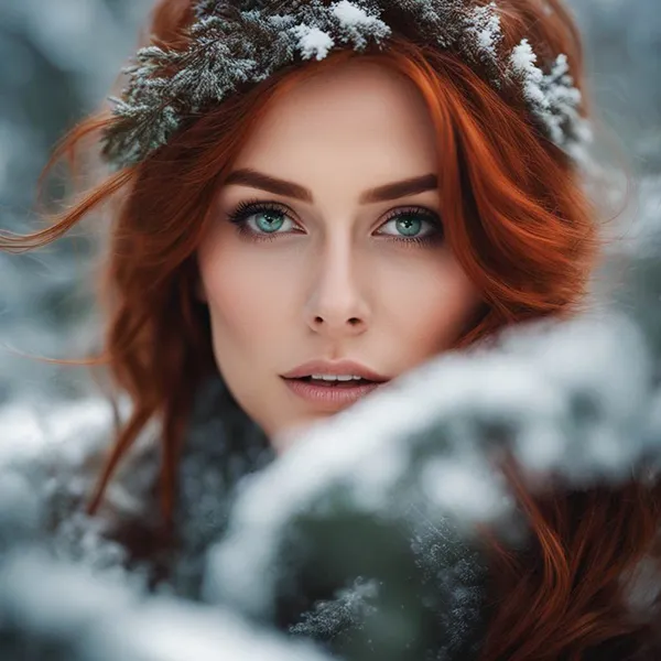 Close up of a young redhead woman in the winter furtree forest